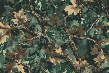 Camouflage seamless pattern. Forest real tree camouflage design. Hunting camouflage.