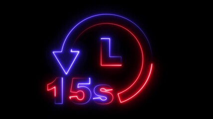 15 Seconds countdown Timer with neon line refreshing arrow , Countdown from 15 seconds to 0 second.  15 minutes stopwatch icon. Stopwatch icon in flat style. Motion graphics.