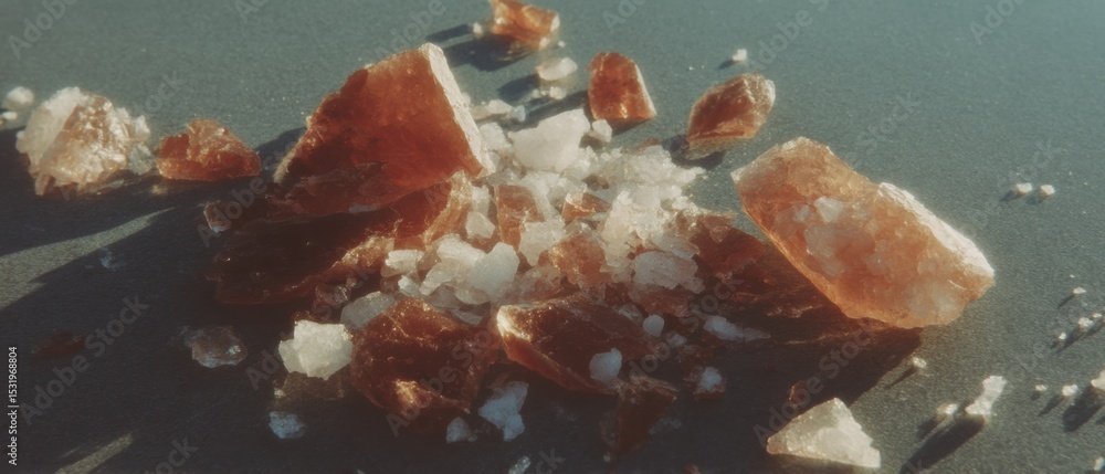 Poster fragmented amber crack spread shards on dark surface with warm light highlights, symbolizing artisan