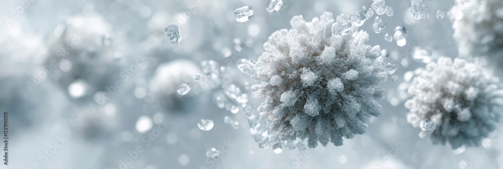 Poster detailed virus microorganisms with spiky crowns floating in atmospheric space for medical science an
