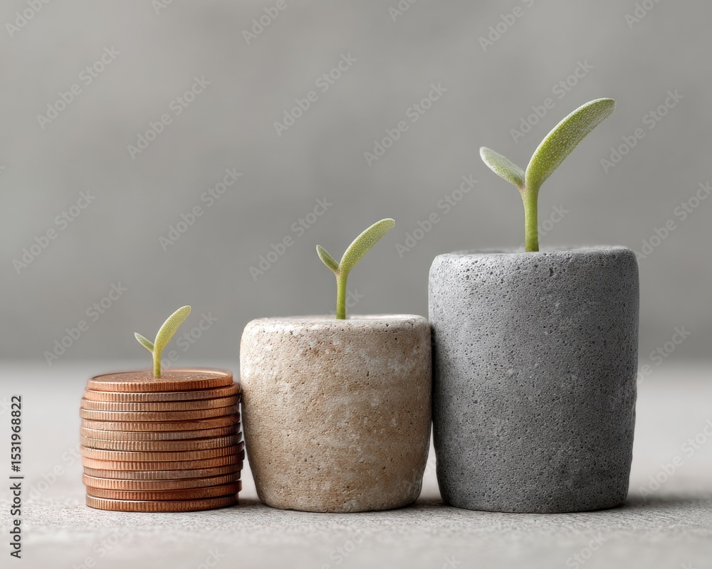 Poster compound interest concept with small plants sprouting from coins and concrete pots on minimalist sur