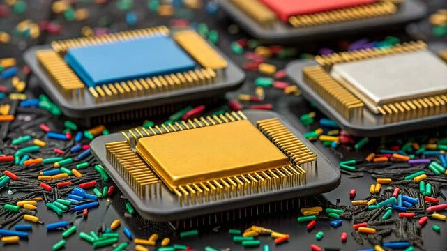 High-resolution image showcasing multiple gold computer microprocessors surrounded by colorful electronic components against a dark background ideal for technology and electronics related projects.