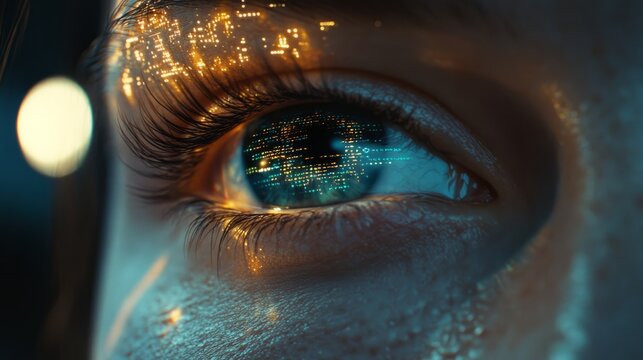 Close-up of female eye with futuristic digital interface overlay representing cybernetic vision, artificial intelligence integration, and advanced technology in a human-machine hybrid concept