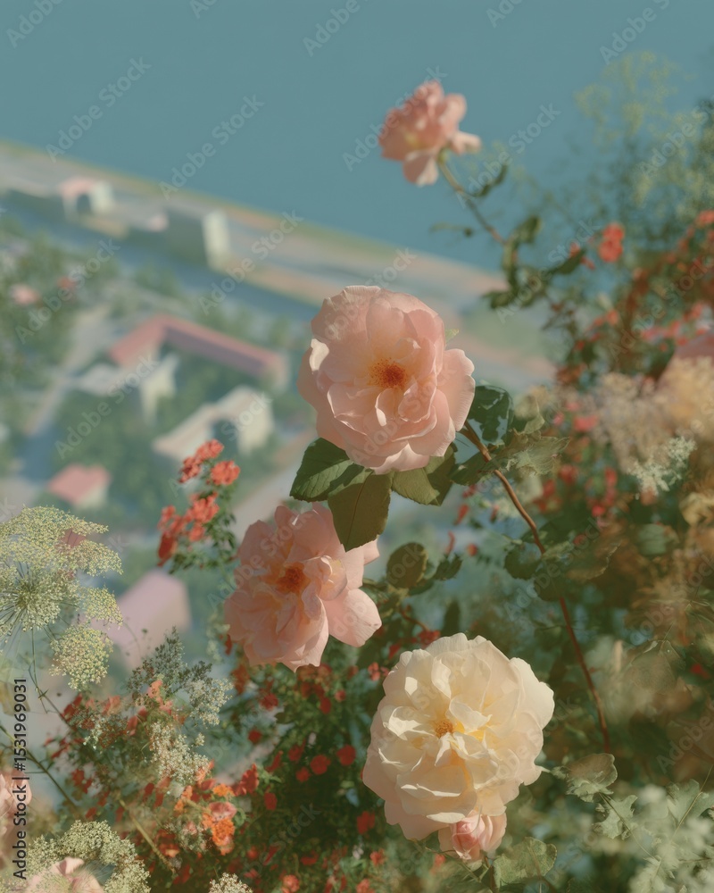 Poster coastal infrastructure blueprint with sea wall and drainage systems overlay on urban oceanfront visu