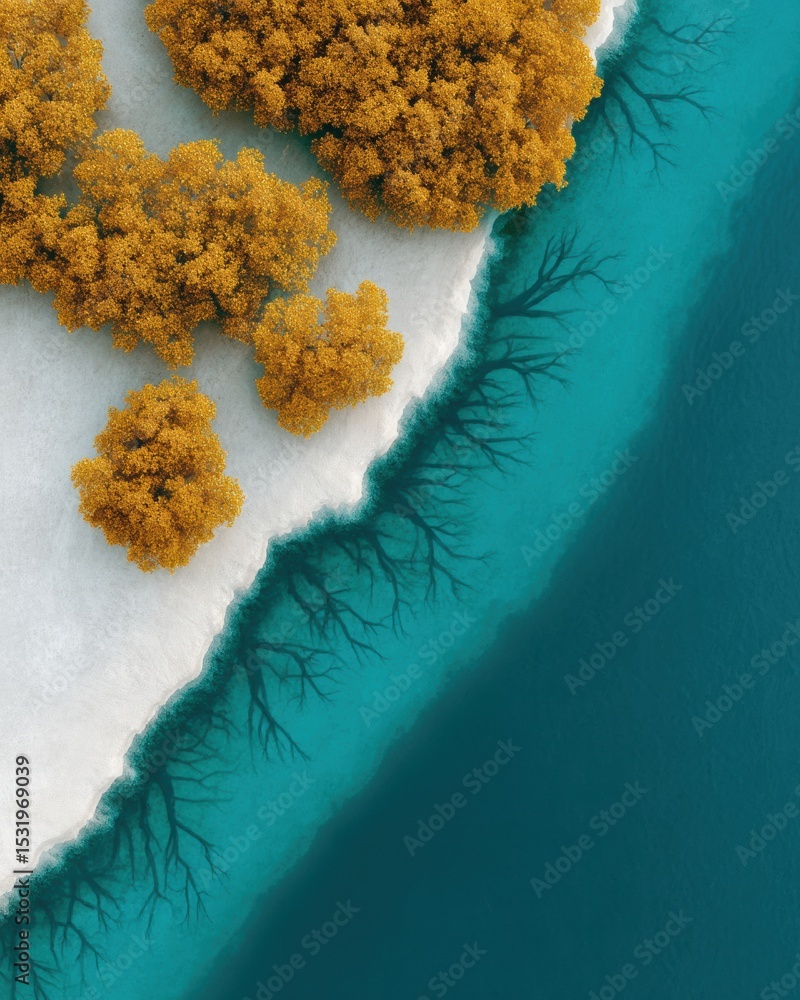 Poster aerial view of vibrant mangrove forest coastline with visible root systems promoting coastal protect