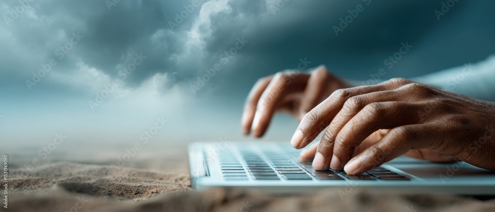 Aufkleber Futuristic Digital Chatbot Assistant Floating Above Laptop Keyboard with User Typing for AI-Powered Business Growth and Digital Transformation Campaign