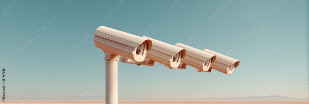 Poster modern surveillance cameras on weathered pole with protective shields against sky - security systems