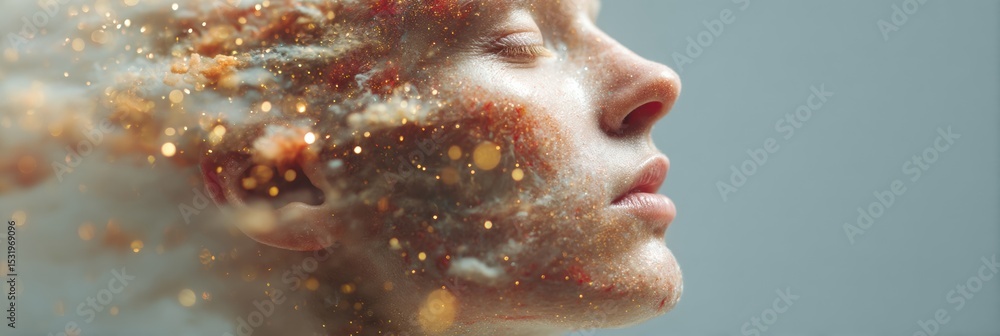 Poster Futuristic Woman Profile with Holographic Data Streams and Digital Interface Elements Symbolizing Human Augmentation in Corporate Tech Advertising