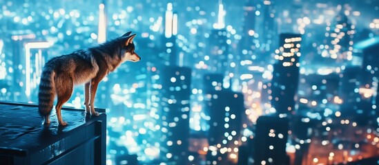 Lone wolf surveys a vibrant cityscape from a skyscraper at night