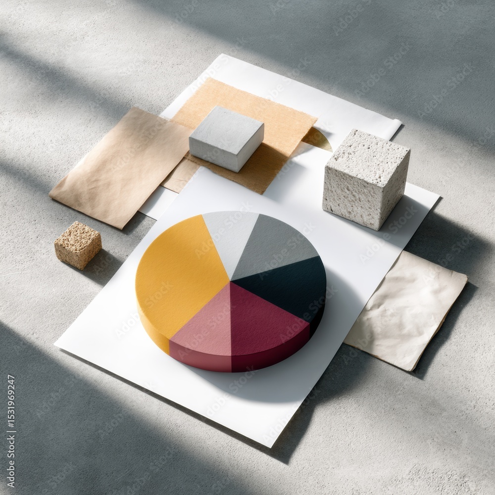 Aufkleber Minimalist Asset Allocation Pie Chart with Textured Geometric Blocks and Financial Documents Illustrating Strategic Portfolio Diversification for Wealth Management