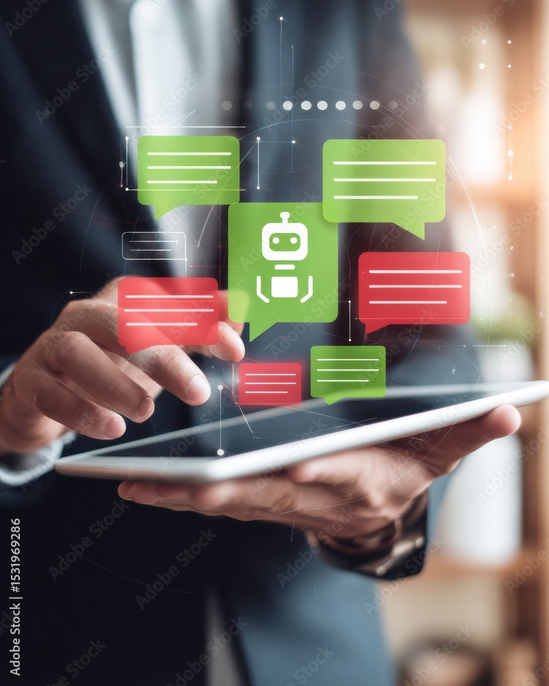 Poster AI Voice Chatbot Interface on Tablet in Business Setting with Digital Message Bubbles and Robot Avatar Representing Smart Automation and Customer Service Innovation