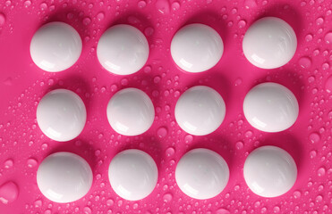 White pebbles on pink background with water drops. spa, relaxation therapy