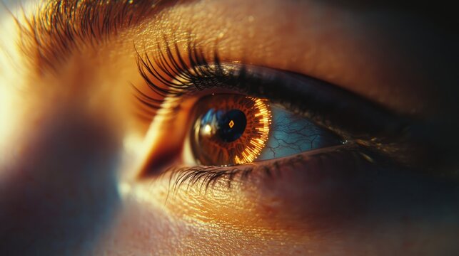 Close-up of female eye with futuristic digital interface overlay representing cybernetic vision, artificial intelligence integration, and advanced technology in a human-machine hybrid concept