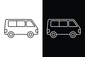 Transport Minibus and Delivery Van line Icon. Black white Vector Graphic for Logistics and Courier Designs