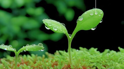 Close-Up of Water Droplets on Young Seedlings with Lush Green Background, Symbolizing Natural Growth and Rainwater Nourishment