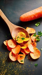 Delicious crispy carrot chips with turmeric powder captured in soft ambient lighting