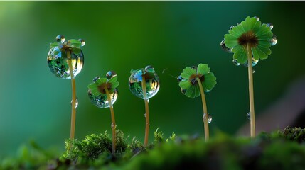 Macro Photo of Four-Leaf Clovers on Mossy Sticks - Enchanting Water Droplets Reflecting Vibrant Green Leaves
