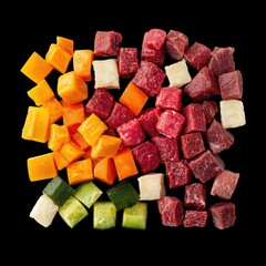 Fresh meat and vegetable cubes arranged in colorful display, showcasing variety of textures and colors. This vibrant assortment is perfect for creating nutritious meals for pets