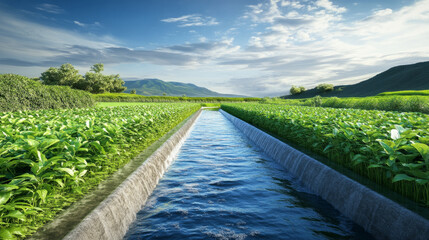 Naklejka premium Irrigation practices in vibrant green fields rural landscape nature photography daytime serenity wide-angle perspective