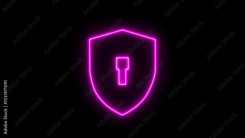 Poster glowing neon line shield security icon on dark background, shield background representing safety, pr