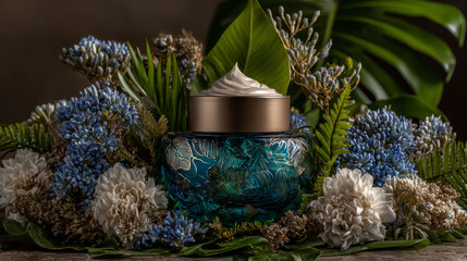 Natural cosmetics. Composition with body care products, creme and green leaf and purple flowers over white background, top view,  FLAT LAY. 

