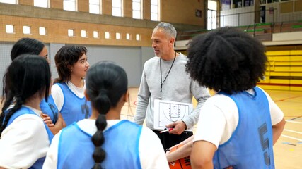 Basketball coach explaining game strategy to female team - Powered by Adobe