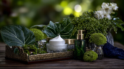 Natural cosmetics. Composition with body care products, creme and green leaf and purple flowers over white background, top view,  FLAT LAY. 


