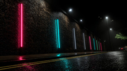 Rays neon light on neon brick wall with wet asphalt. Empty scene. Copy space