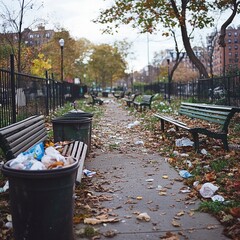Fototapeta premium Trash covers benches and pathways in a neglected park during autumn in an urban environment