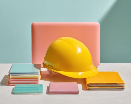 National Blame Someone Else Day Workplace Safety with Yellow Hard Hat, Pink Laptop and Pastel Office Supplies for Spring Administrative Professionals Day and Seasonal Sales - Powered by Adobe