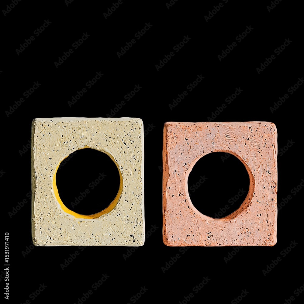 Poster simple clay square shapes with circular cutouts in yellow and orange colors create striking visual c