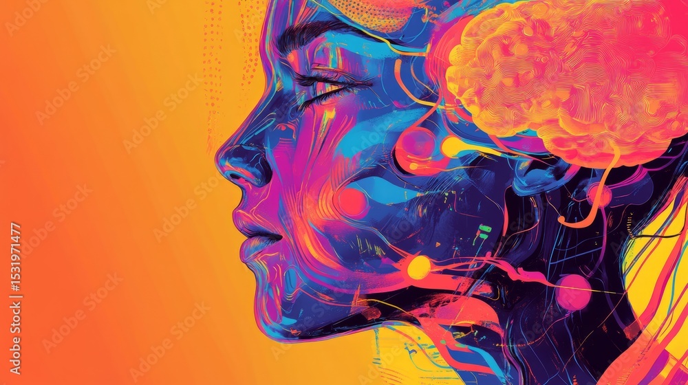 Aufkleber digital illustration of human brain with vibrant colors representing artificial intelligence and fut