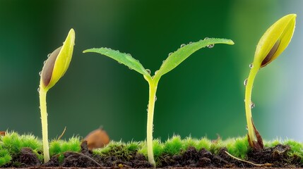 Three Sprouting Seedlings in Arc Formation with Water Droplets - Blurred Background, High-Resolution Nature Macro, Soft Shadows