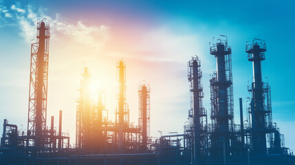 Obraz premium Abstract refinery silhouette with geometric shapes against gradient sky, symbolizing industrial innovation and modern energy production