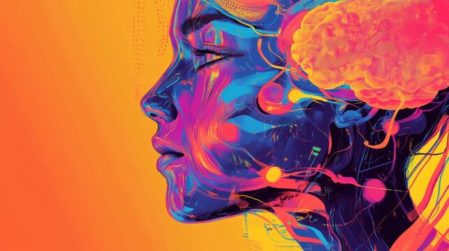 Digital illustration of human brain with vibrant colors representing artificial intelligence and futuristic technology, featuring human and robot face close-up symbolizing the connection between mind  - Powered by Adobe
