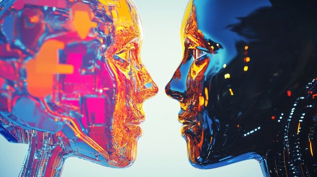 Digital illustration of human brain with vibrant colors representing artificial intelligence and futuristic technology, featuring human and robot face close-up symbolizing the connection between mind 