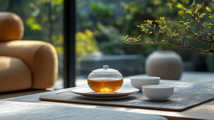Serene setting with glass teapot and two cups on wooden tray, bathed in natural light, creates peaceful atmosphere. background features cozy sofa and lush greenery