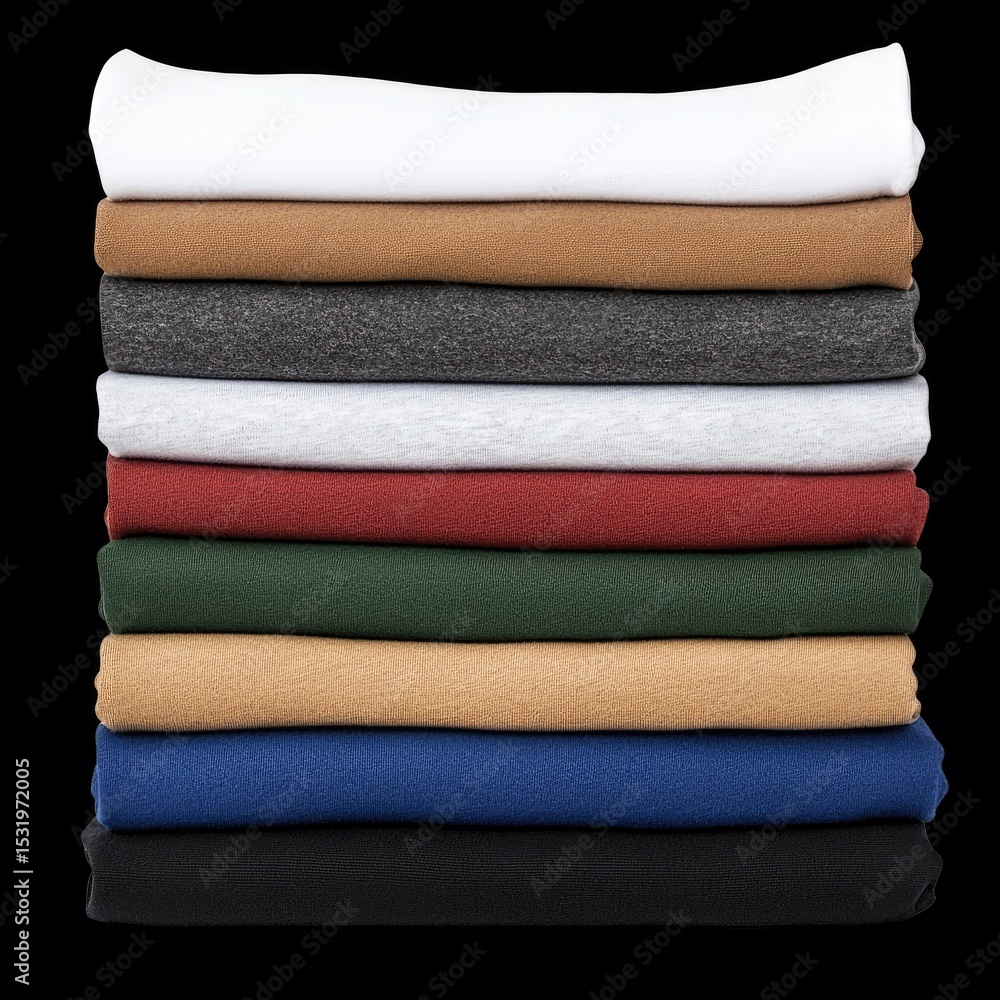 Poster neatly stacked folded clothes in various colors create visually appealing display, showcasing range 