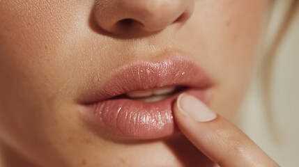 Naklejka premium Close-up of a woman's lips, smooth skin, and a finger gently touching her lower lip. Soft, natural makeup enhances her features. 