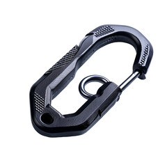 Black climbing carabiner with locking gate isolated on transparent background