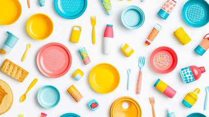 A vibrant flat lay showcases colorful children's tableware and food