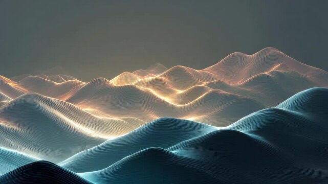 Abstract landscape of glowing teal and orange digital mountains. Dark background, pointillist style. Smooth, undulating forms create a calming, futuristic feel.