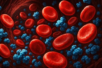 Fototapeta premium Microscopic View Inside Blood Vessel Showing Red Blood Cells and Blue Clusters, Representing Health, Disease, or Scientific Research