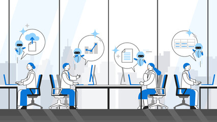 Concept: Problem Solving.  Cartoon character heads of People using AI. Includes face profiles, avatars, and icons. Close-up illustrations of AI-Adaptive Professionals.
