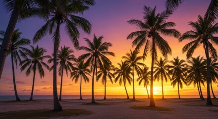 Obraz premium Vibrant Sunset Over Tropical Beach With Palm Trees Silhouettes