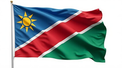Obraz premium Photorealistic flag of Namibia. Blue and green triangles with a red diagonal band bordered in white, and a golden sun in the top corner. Isolated on white background.