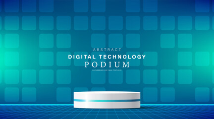 3D product display stand. White geometric platform on blue technology background. Abstract geometric shapes in a simple design. Fashion stage mockup scene. Studio product display. Hi tech digital