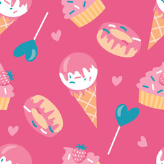 vector seamless pattern with ice cream, donuts and lollypops