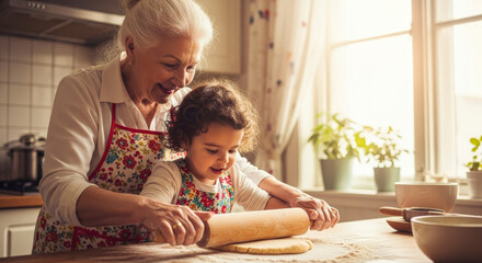 Grandmother And Granddaughter Rolling Dough In Kitchen With Natural Light