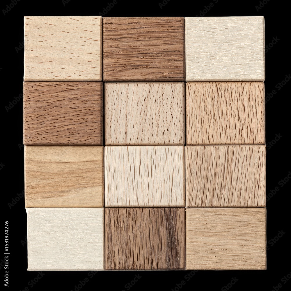 Poster wooden puzzle blocks arranged in grid pattern, showcasing various shades and textures of wood. this 